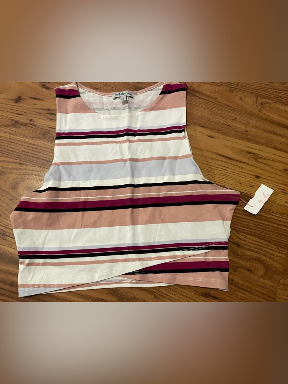 Charlotte Russe Pink & White Striped Crop Crossover Hem Design Tank Top Large